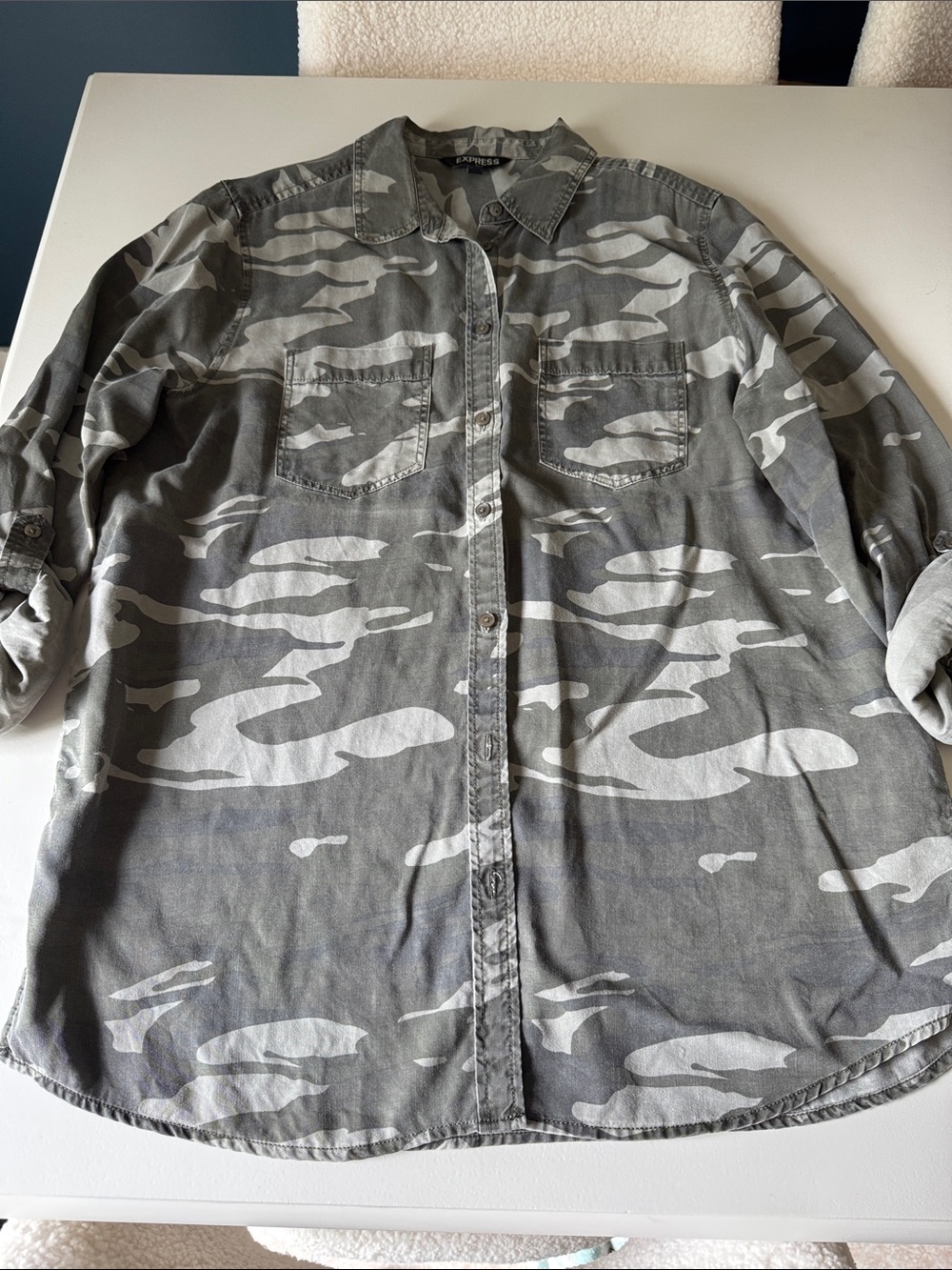 Express Women's Green Camouflage Button-Down Shirt